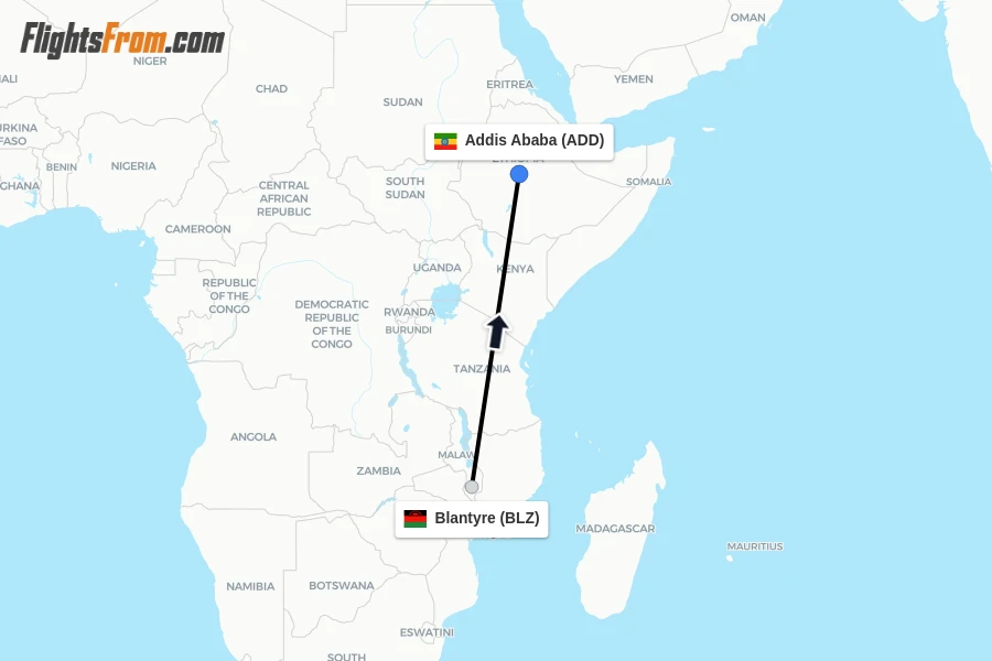 Flights from Blantyre to Addis Ababa route map
