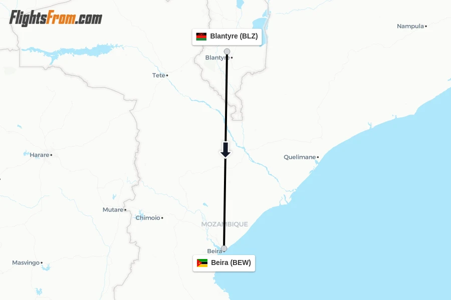 Flights from Blantyre to Beira route map