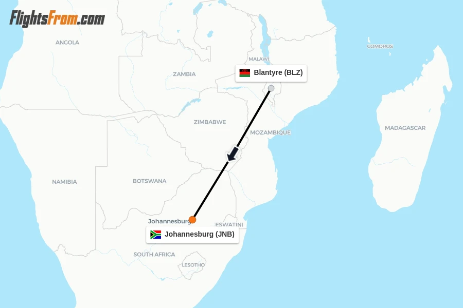 Flights from Blantyre to Johannesburg route map