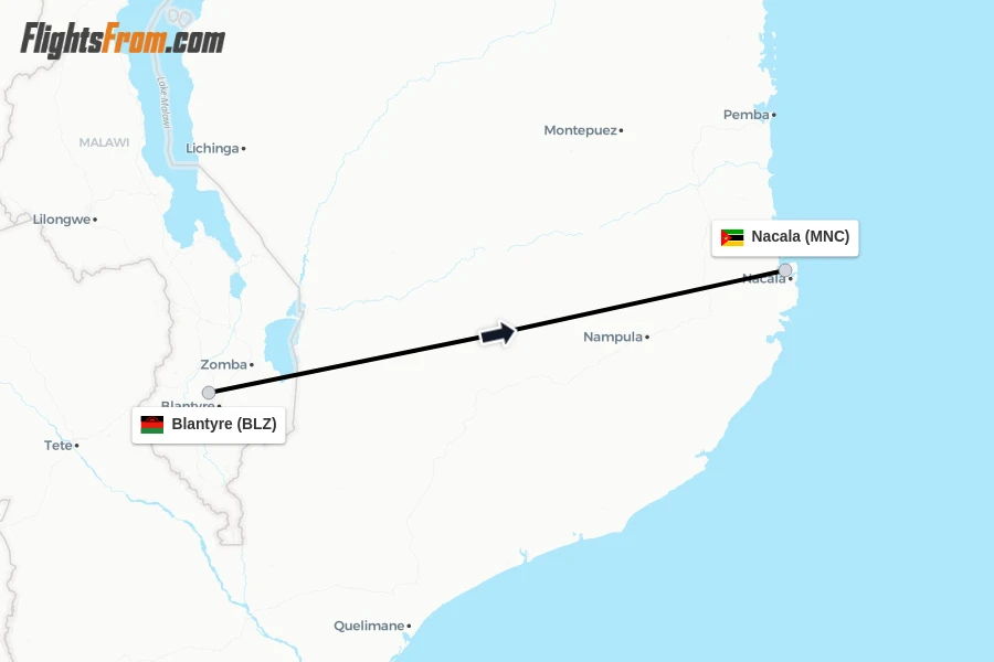 Flights from Blantyre to Nacala route map