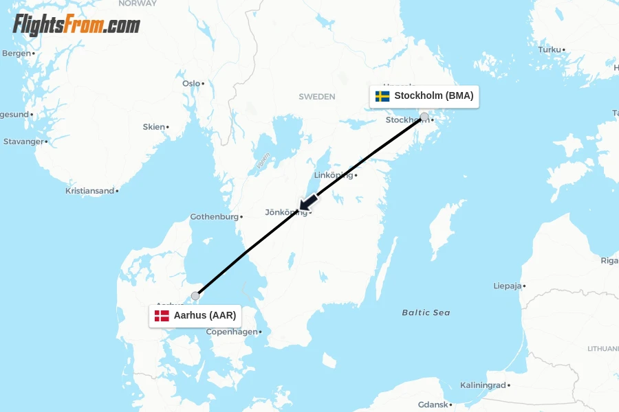 Flights from Stockholm to Aarhus route map