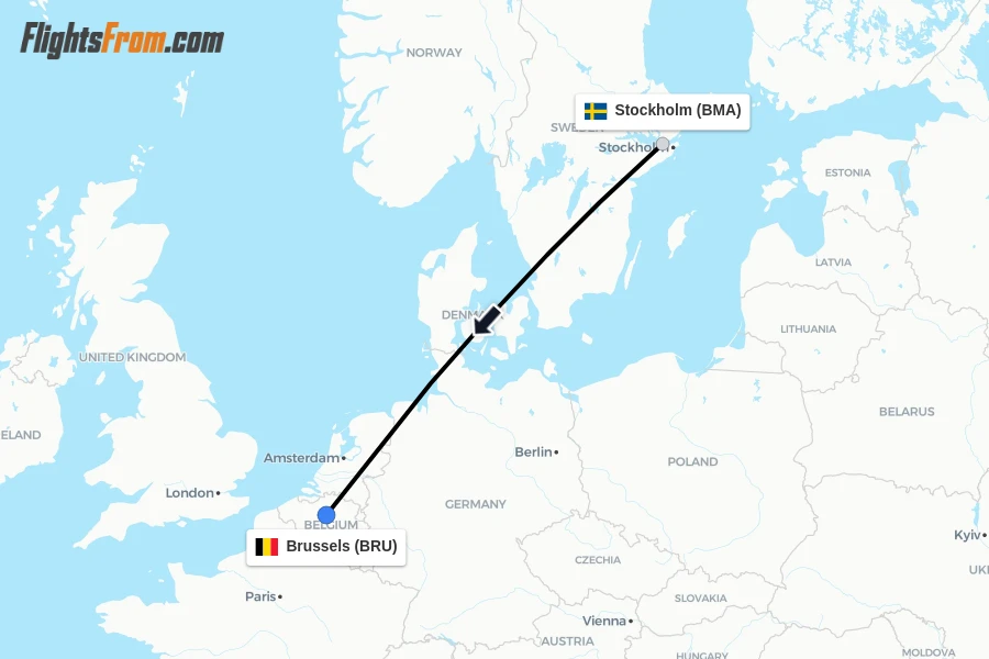 Flights from Stockholm to Brussels route map