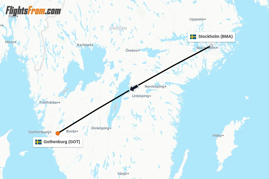 Flights from Stockholm to Gothenburg route map