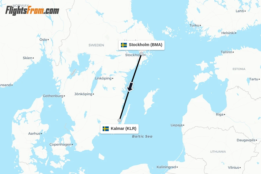 Flights from Stockholm to Kalmar route map
