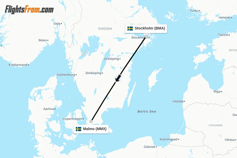 Flights from Stockholm to Malmo route map