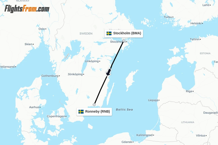 Flights from Stockholm to Ronneby route map
