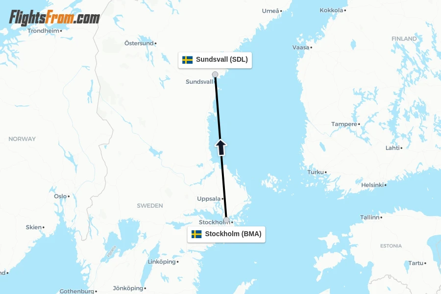 Flights from Stockholm to Sundsvall route map