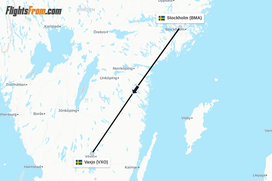 Flights from Stockholm to Vaxjo route map