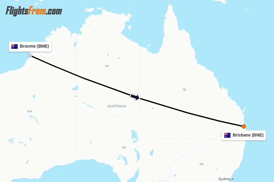 Flights from Broome to Brisbane route map