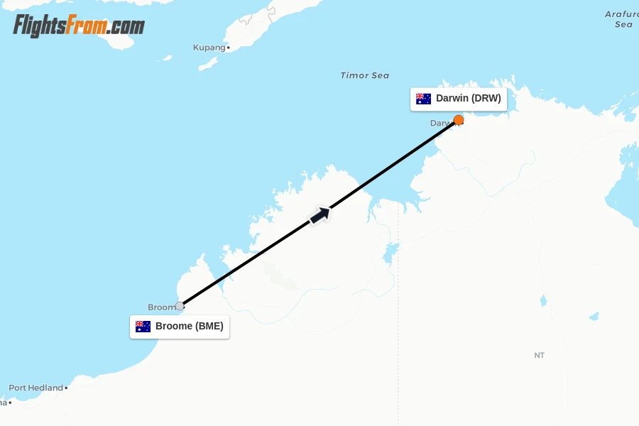 Flights from Broome to Darwin route map
