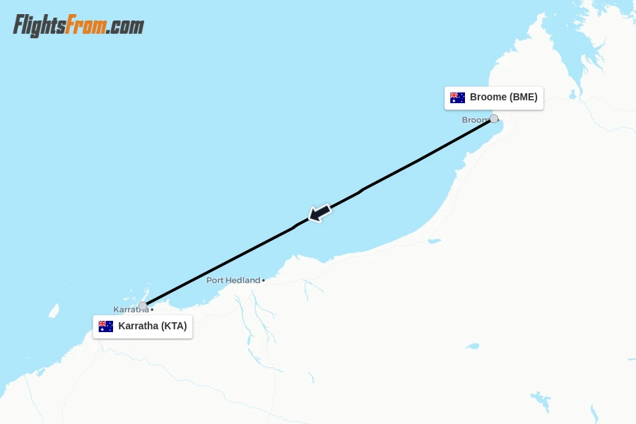 Flights from Broome to Karratha route map