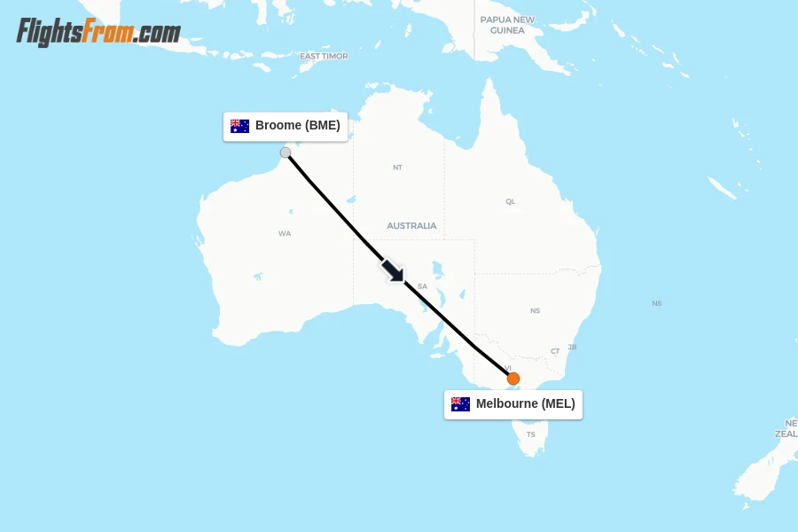 Flights from Broome to Melbourne route map