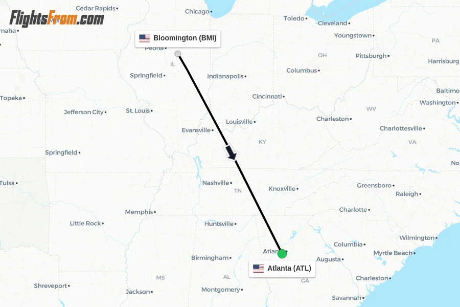Flights from Bloomington to Atlanta route map