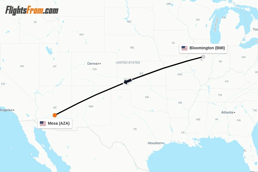 Flights from Bloomington to Mesa route map
