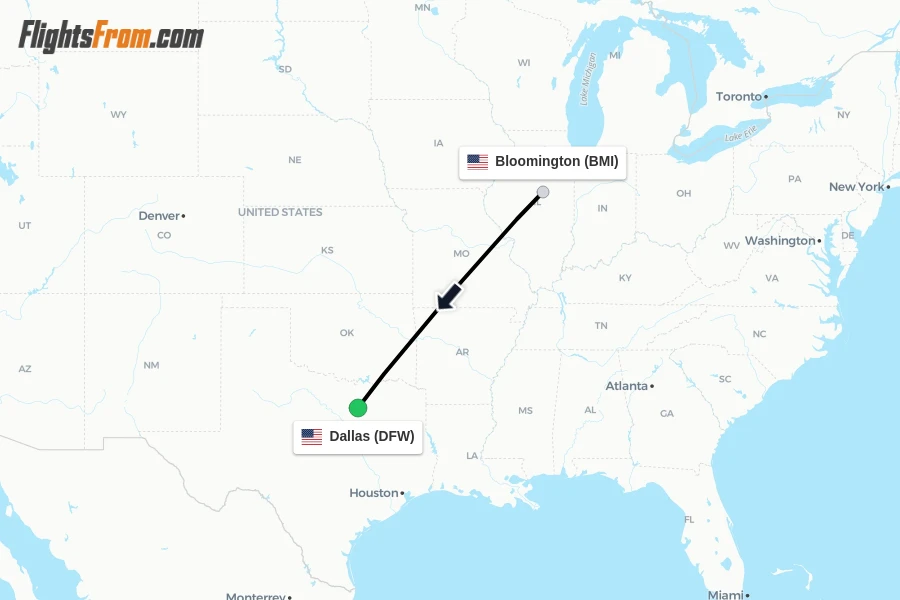 Flights from Bloomington to Dallas route map