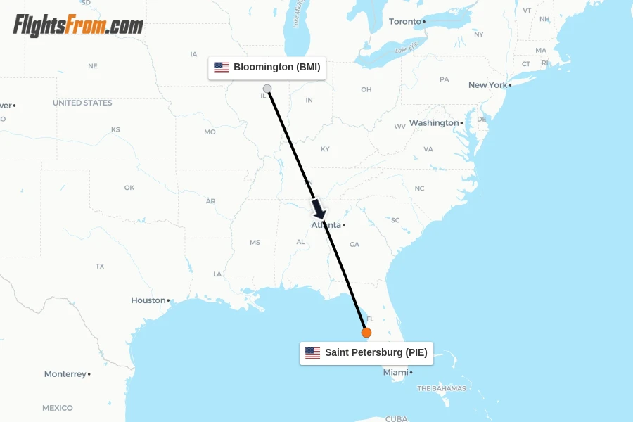 Flights from Bloomington to Saint Petersburg route map