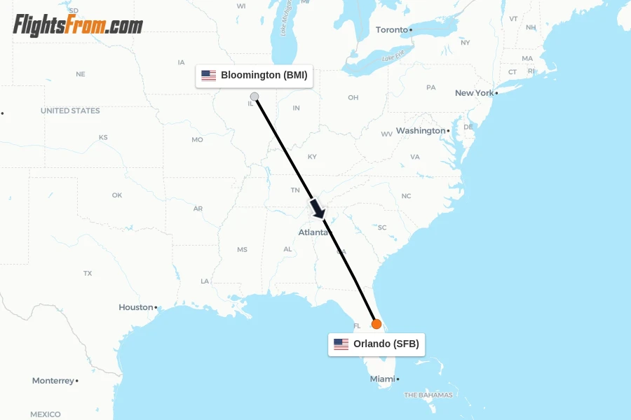 Flights from Bloomington to Orlando route map