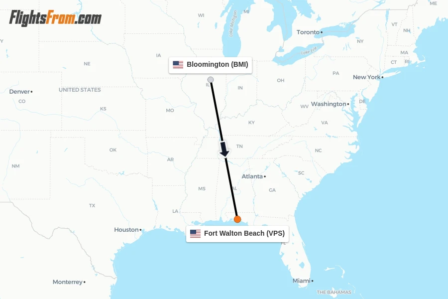 Flights from Bloomington to Fort Walton Beach route map