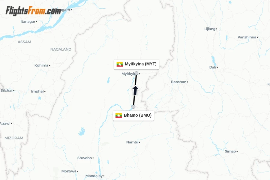 Flights from Bhamo to Myitkyina route map