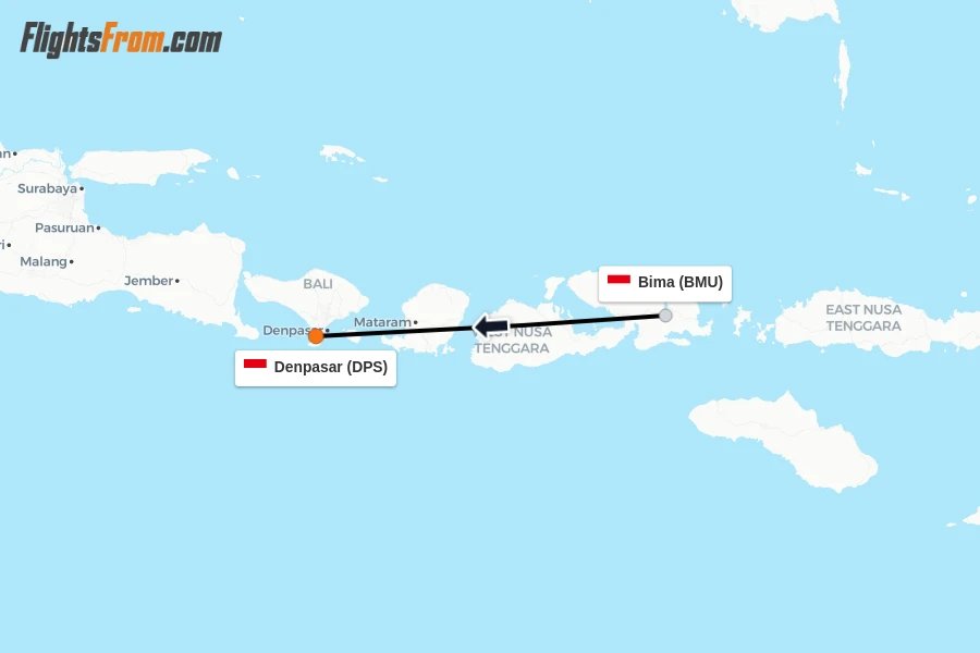Flights from Bima to Denpasar route map