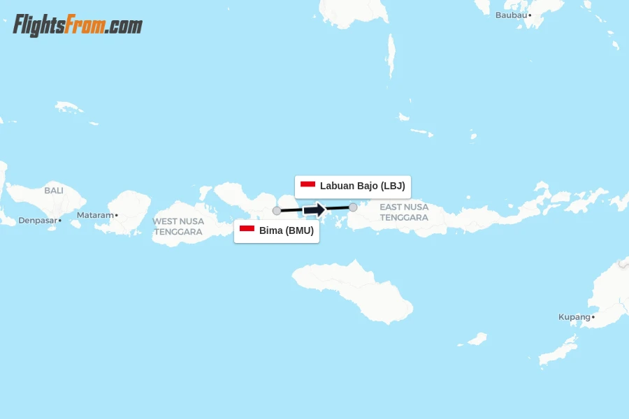 Flights from Bima to Labuan Bajo route map