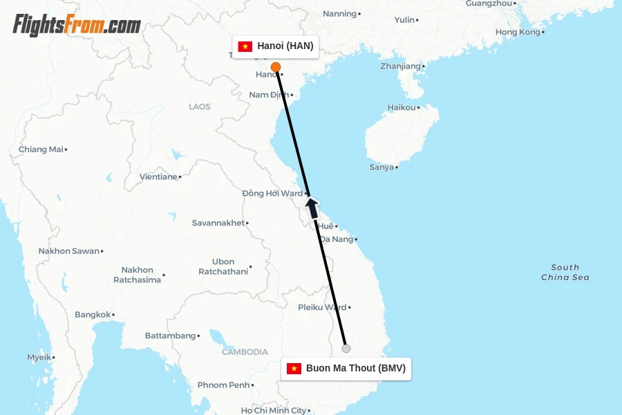 Flights from Buon Ma Thout to Hanoi route map