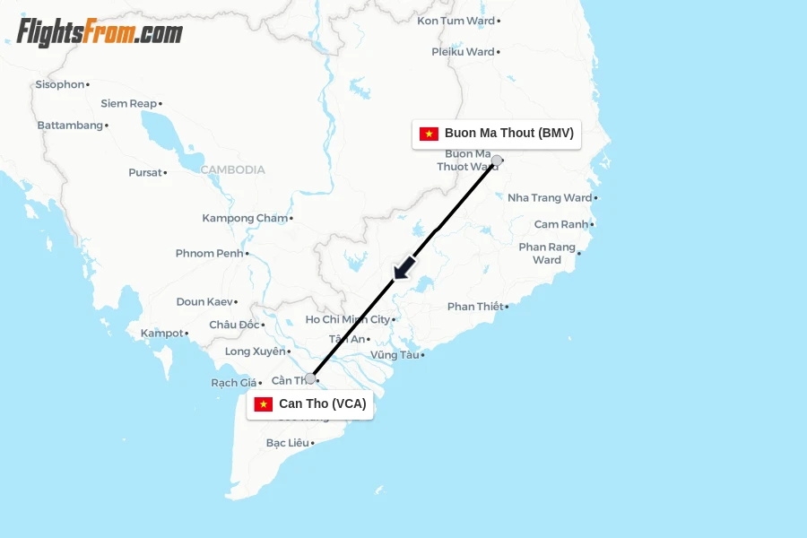 Flights from Buon Ma Thout to Can Tho route map