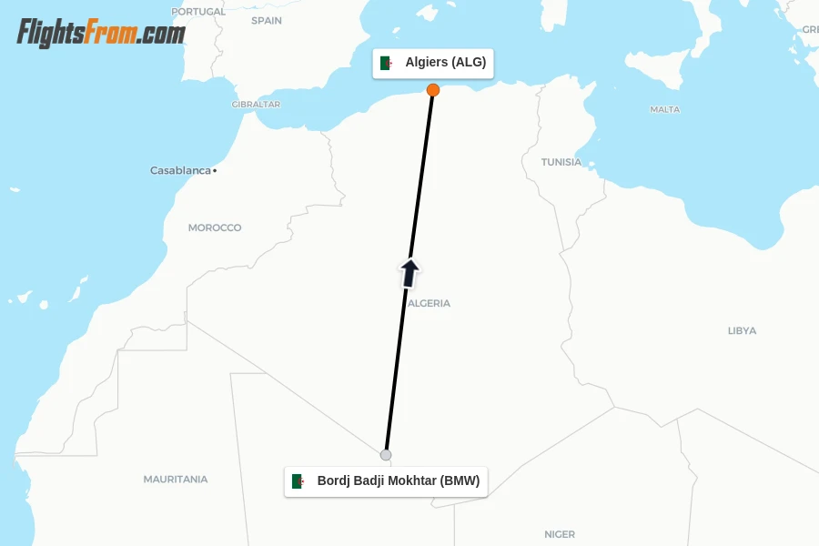 Flights from Bordj Badji Mokhtar to Algiers route map