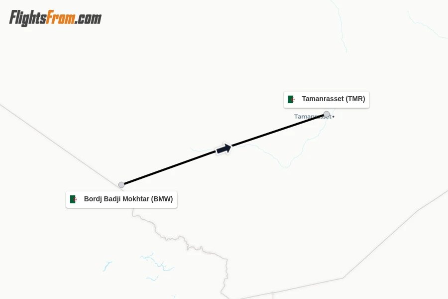 Flights from Bordj Badji Mokhtar to Tamanrasset route map