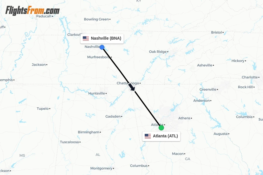 Flights from Nashville to Atlanta route map