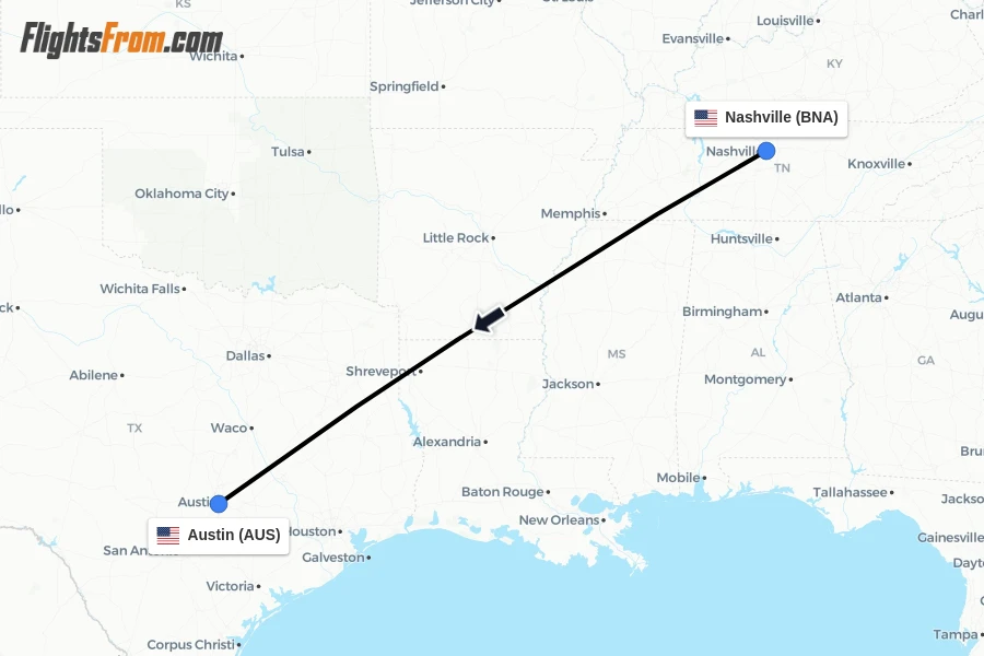 Flights from Nashville to Austin route map