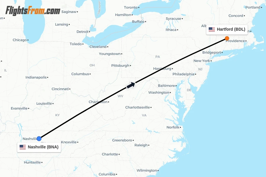 Flights from Nashville to Hartford route map