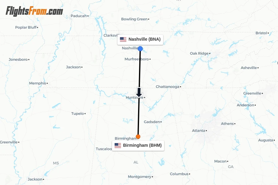 Flights from Nashville to Birmingham route map