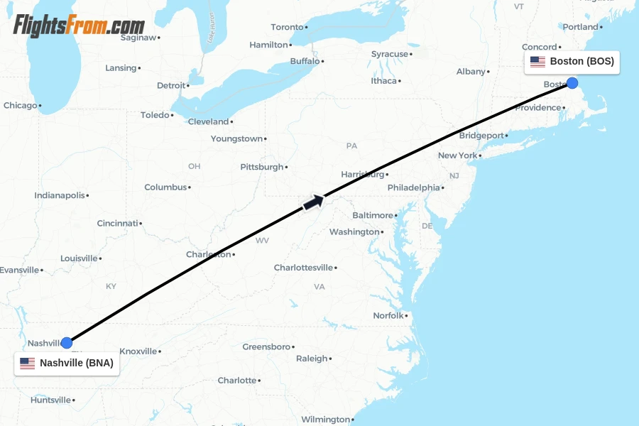 Flights from Nashville to Boston route map