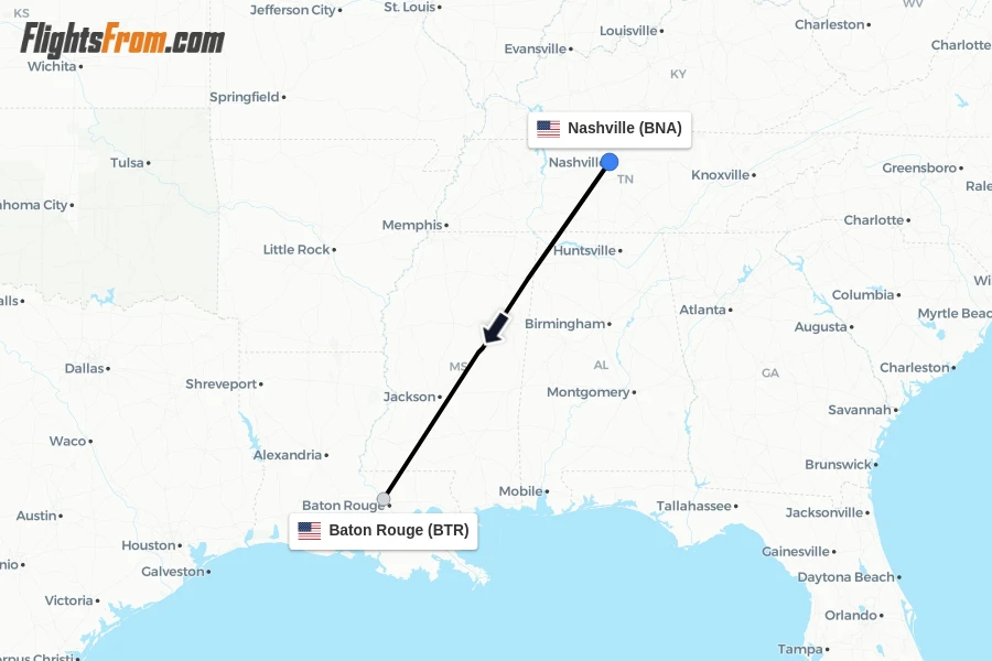 Flights from Nashville to Baton Rouge route map