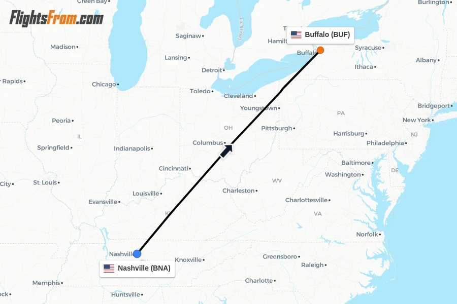 Flights from Nashville to Buffalo route map