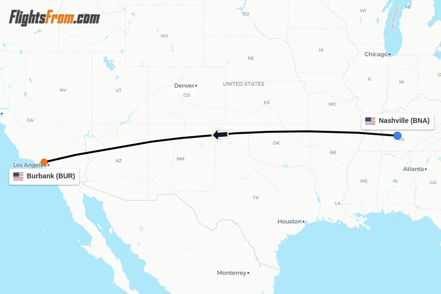 Flights from Nashville to Burbank route map