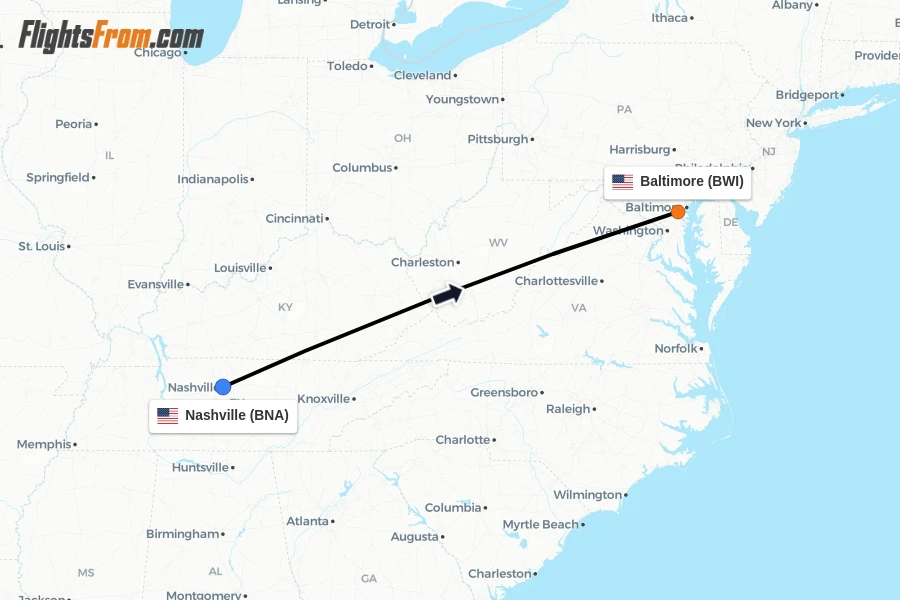 Flights from Nashville to Baltimore route map