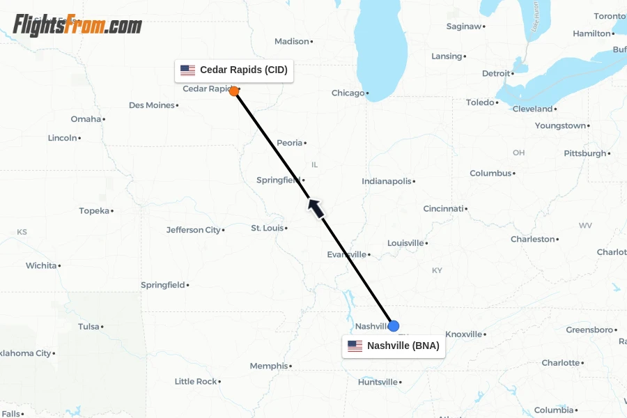 Flights from Nashville to Cedar Rapids route map