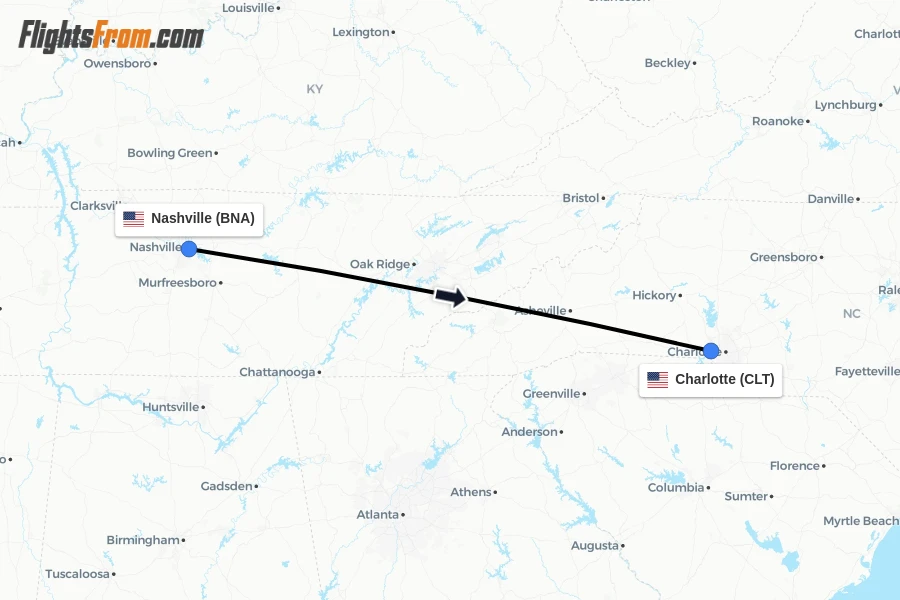 Flights from Nashville to Charlotte route map