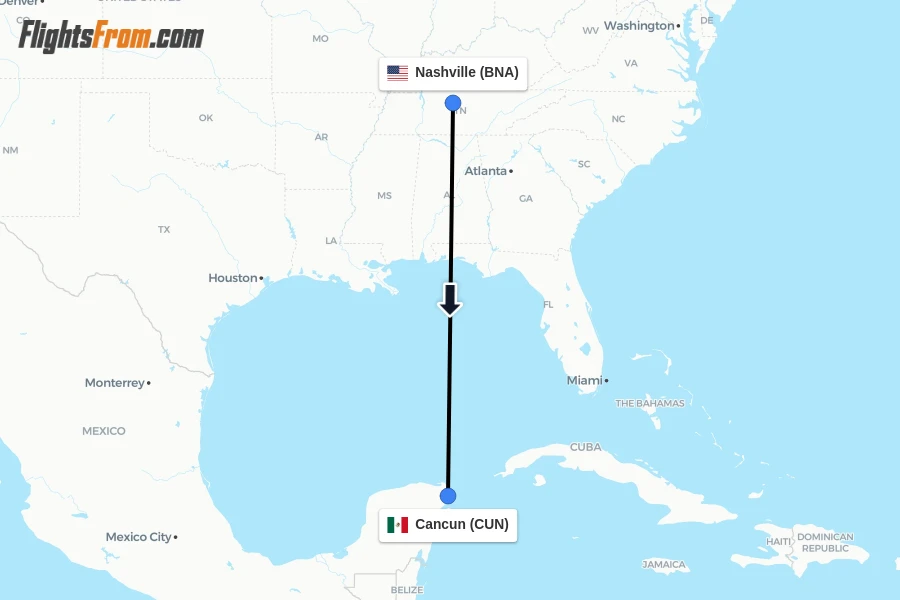 Flights from Nashville to Cancun route map