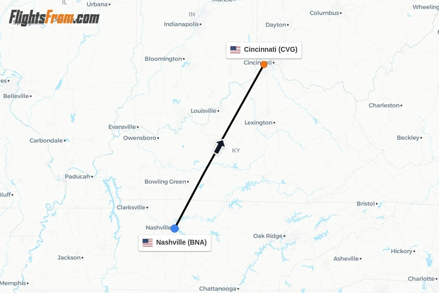 Flights from Nashville to Cincinnati route map