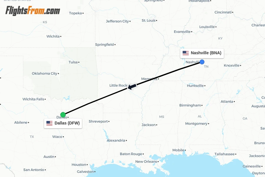 Flights from Nashville to Dallas route map
