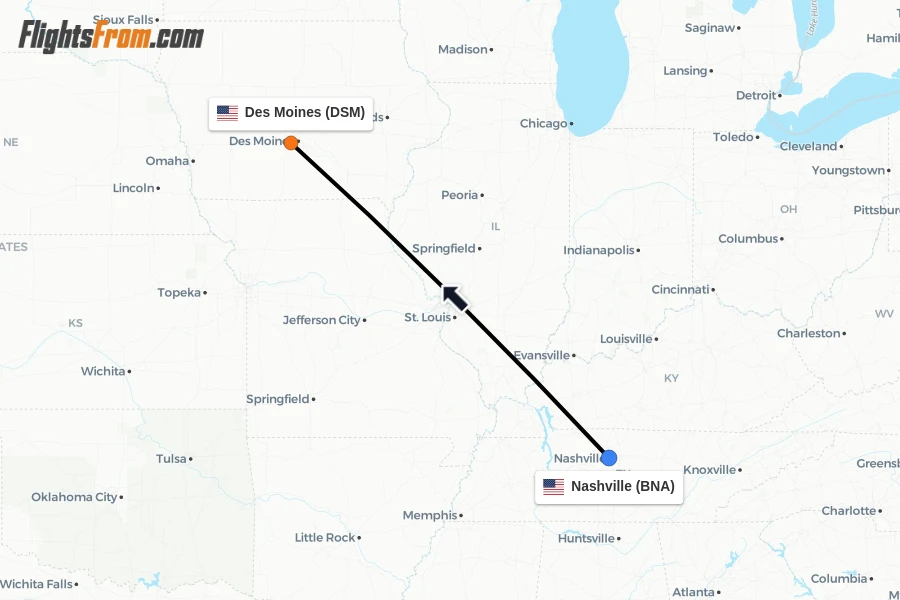 Flights from Nashville to Des Moines route map