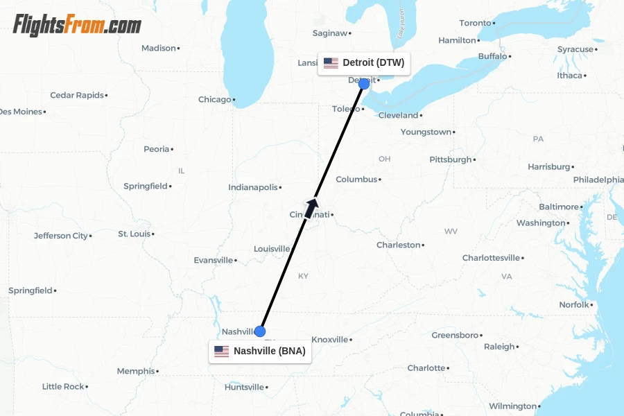 Flights from Nashville to Detroit route map