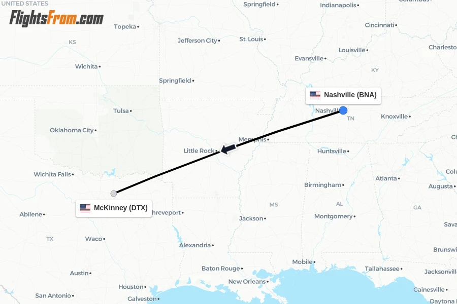 Flights from Nashville to McKinney route map