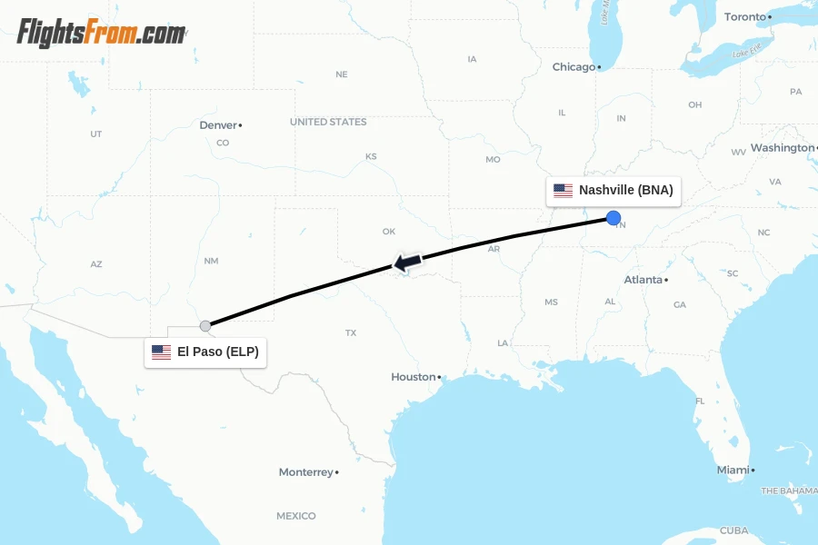 Flights from Nashville to El Paso route map