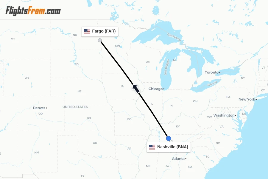 Flights from Nashville to Fargo route map