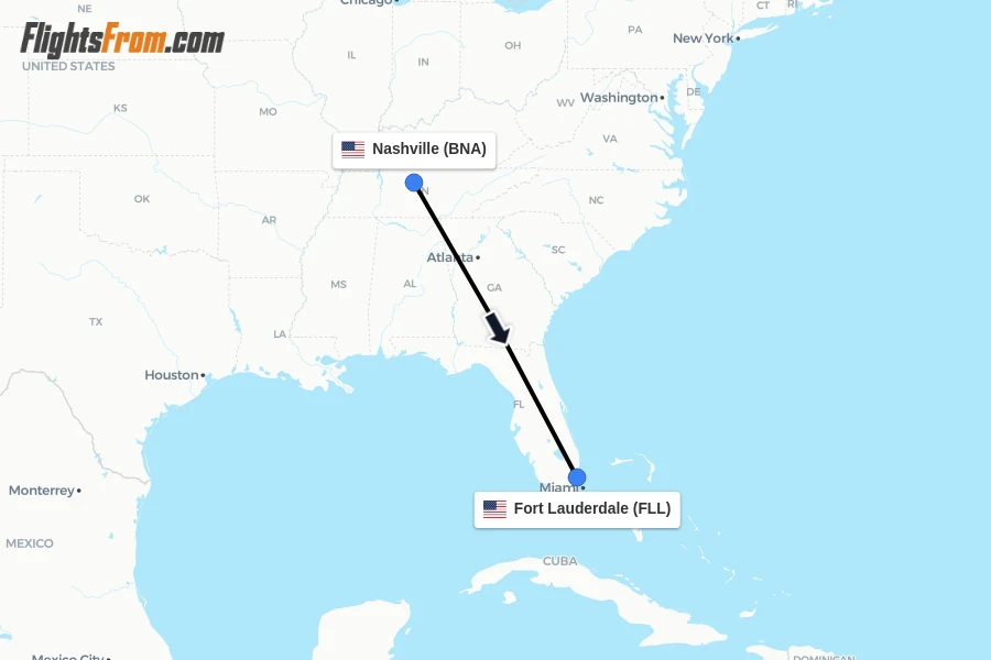 Flights from Nashville to Fort Lauderdale route map