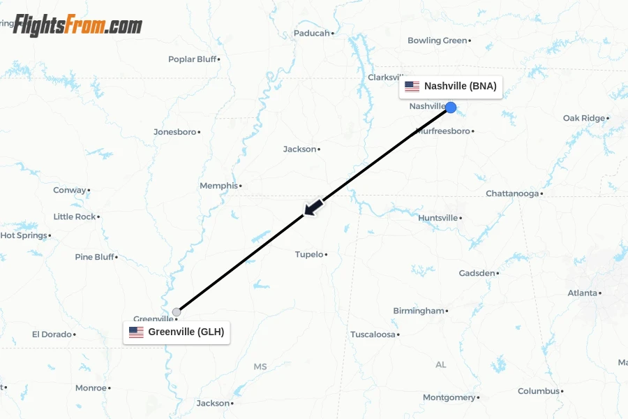 Flights from Nashville to Greenville route map